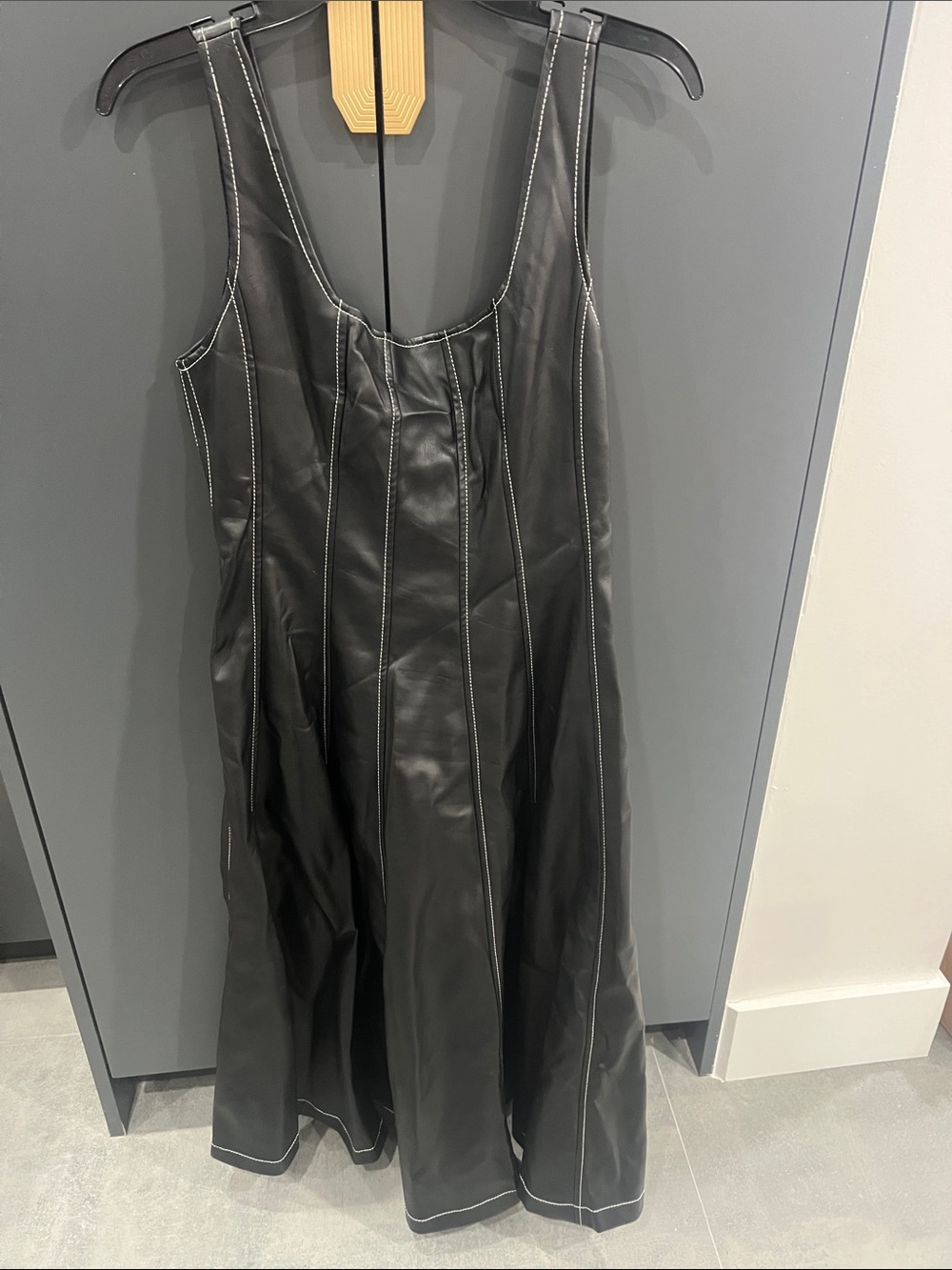 STAUD Black Faux Leather Dress with White Contrast Stitching